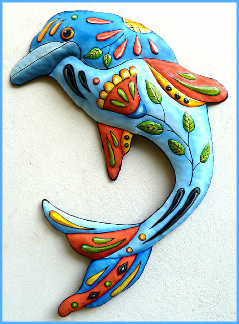 Hand Painted Metal Blue Dolphin Wall Hanging 